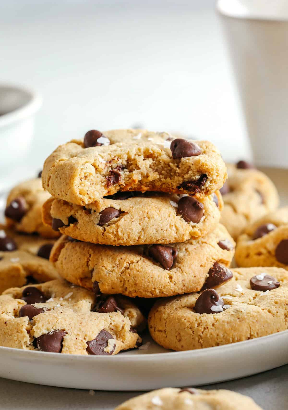 Healthy Chocolate Chip Cookies that are soft, chewy, and absolutely delicious with gooey chocolate chips in every bite!  These gluten-free cookies are made with wholesome ingredients and use zero oil or refined sugar for the perfect sweet treat everyone will enjoy!
