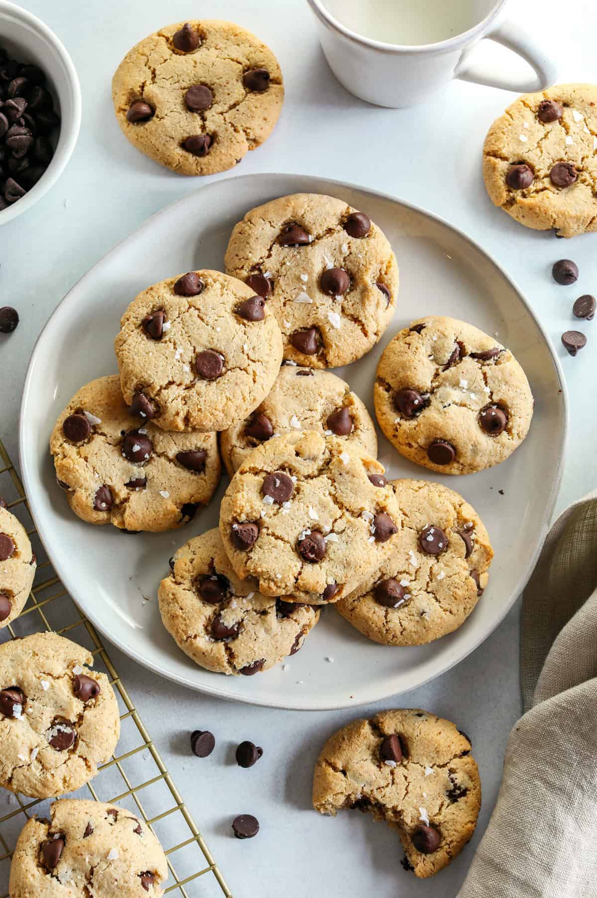 Healthy Chocolate Chip Cookies that are soft, chewy, and absolutely delicious with gooey chocolate chips in every bite!  These gluten-free cookies are made with wholesome ingredients and use zero oil or refined sugar for the perfect sweet treat everyone will enjoy!
