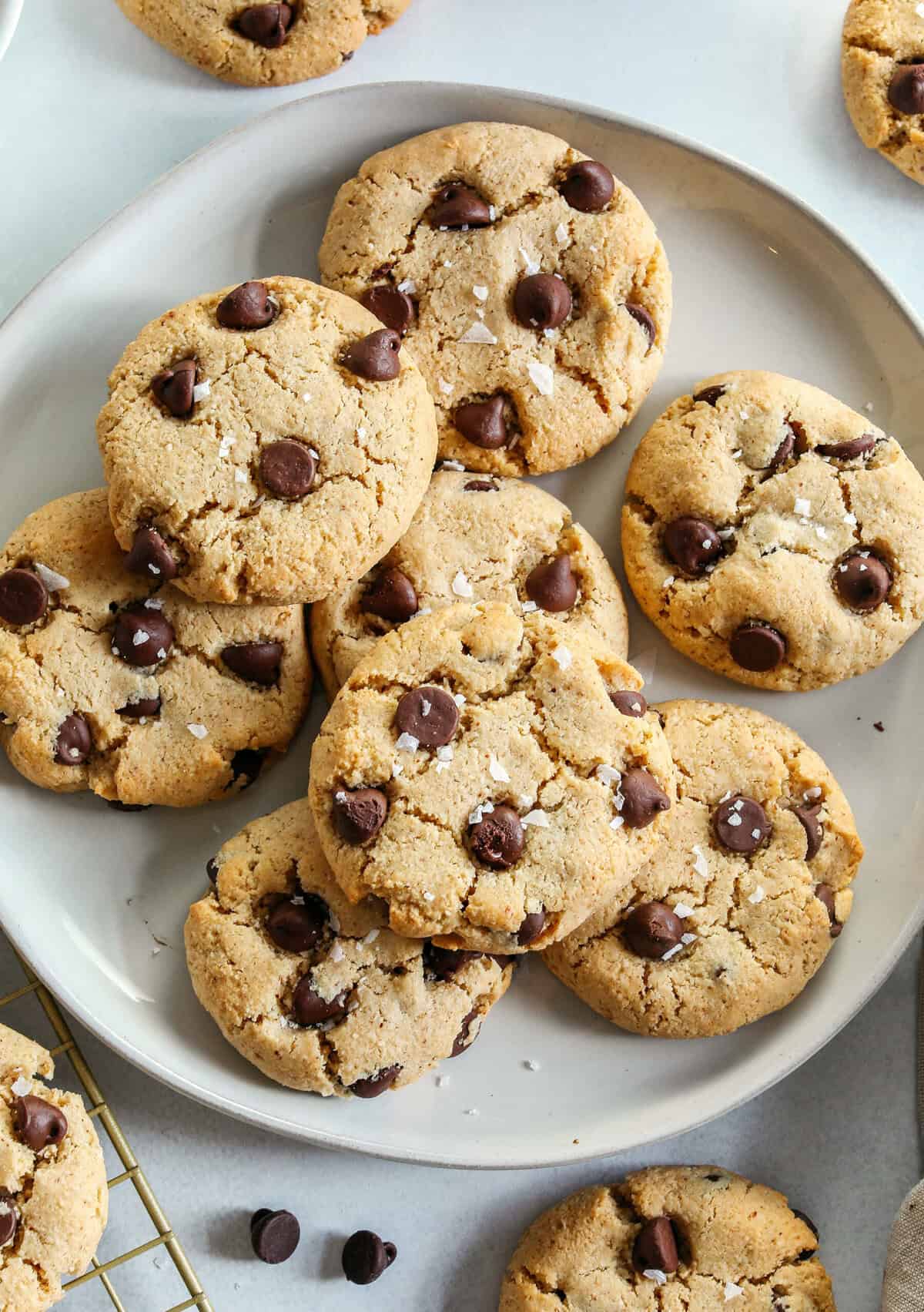 Healthy Chocolate Chip Cookies that are soft, chewy, and absolutely delicious with gooey chocolate chips in every bite!  These gluten-free cookies are made with wholesome ingredients and use zero oil or refined sugar for the perfect sweet treat everyone will enjoy!