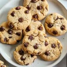 Healthy Chocolate Chip Cookies that are soft, chewy, and absolutely delicious with gooey chocolate chips in every bite!  These gluten-free cookies are made with wholesome ingredients and use zero oil or refined sugar for the perfect sweet treat!