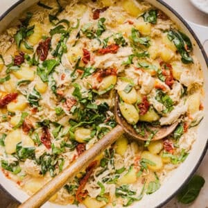 This EASY One Pan Marry Me Chicken and Gnocchi is the perfect weeknight meal! Pillowy soft gnocchi and tender chicken simmered together in a creamy sun dried tomato and parmesan sauce in just 20 minutes!