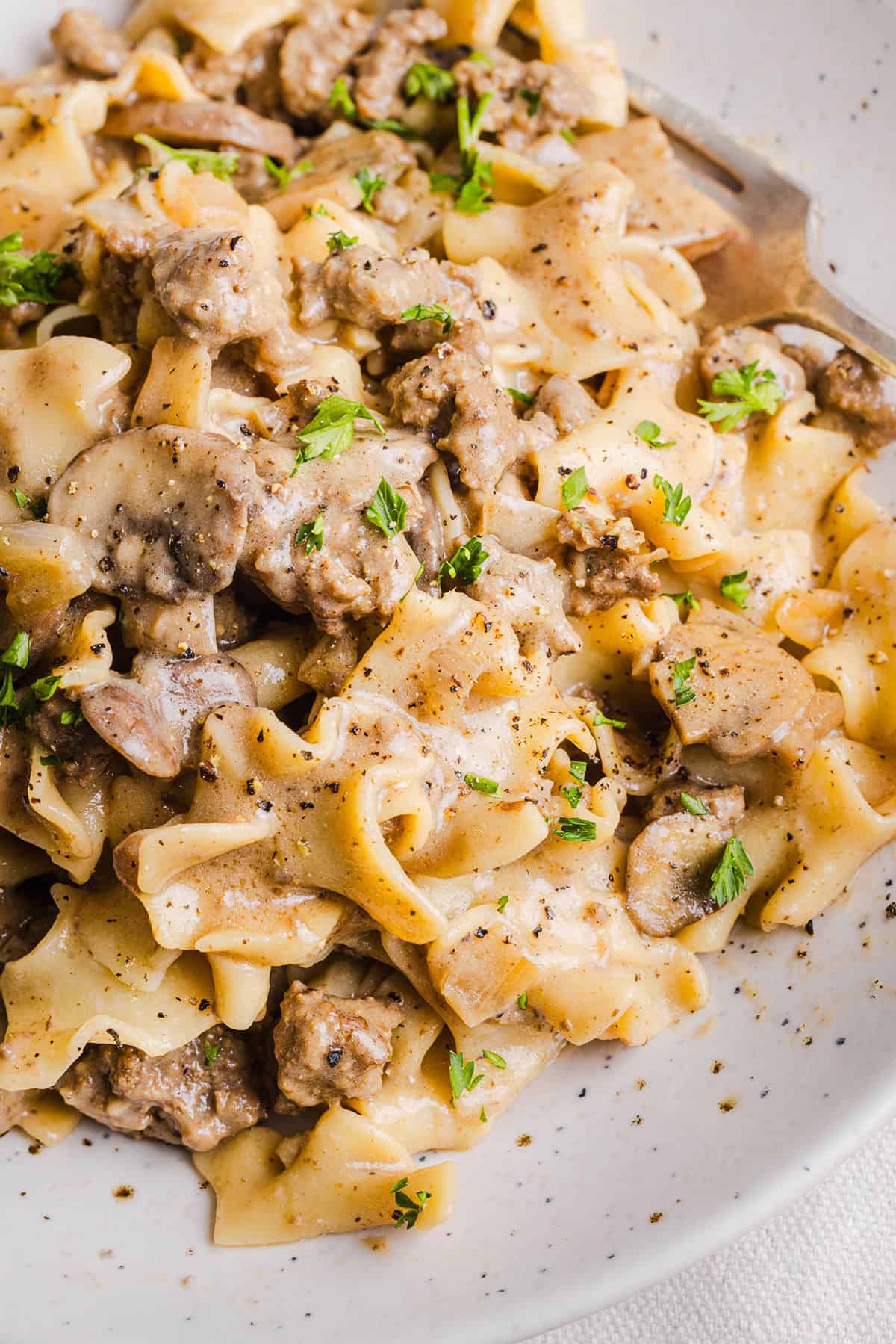 This Healthy Ground Beef Stroganoff Casserole is the ultimate family-friendly comfort food! The perfect cozy weeknight meal made with egg noodles and smothered in the most delicious creamy mushroom sauce in just 30 minutes!