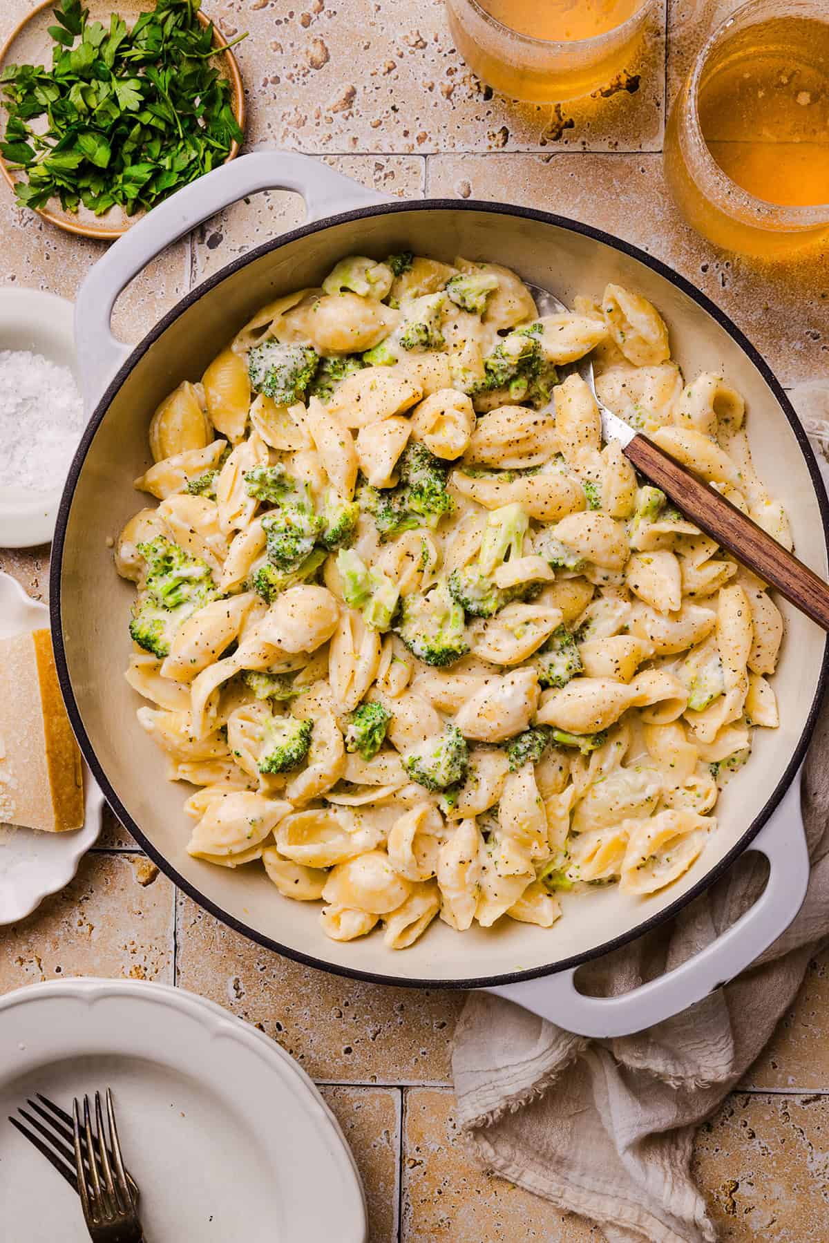One pot creamy broccoli cheddar pasta with tender pasta shells and chopped broccoli in a cheesy sauce.